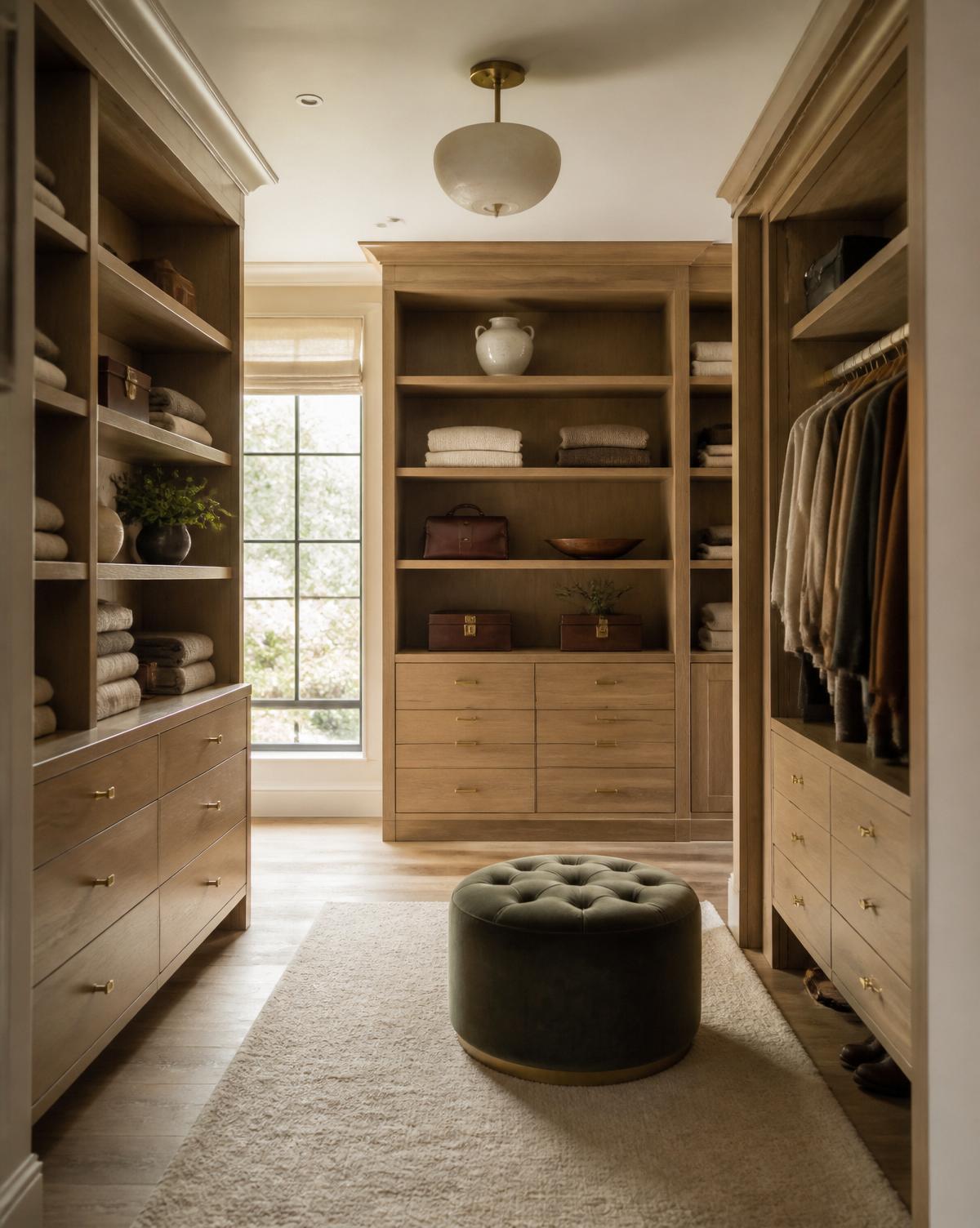 Custom built-in walk-in closet with open display storage cabinets in white oak and brass