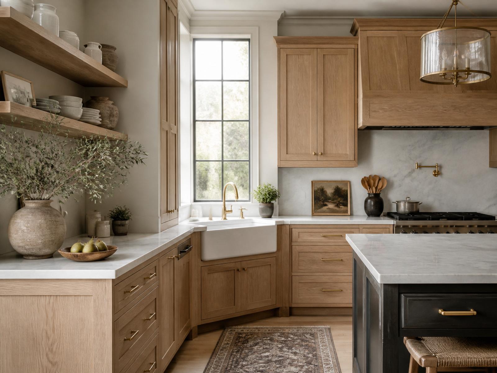 Custom white oak kitchen with open shelving and marble countertops