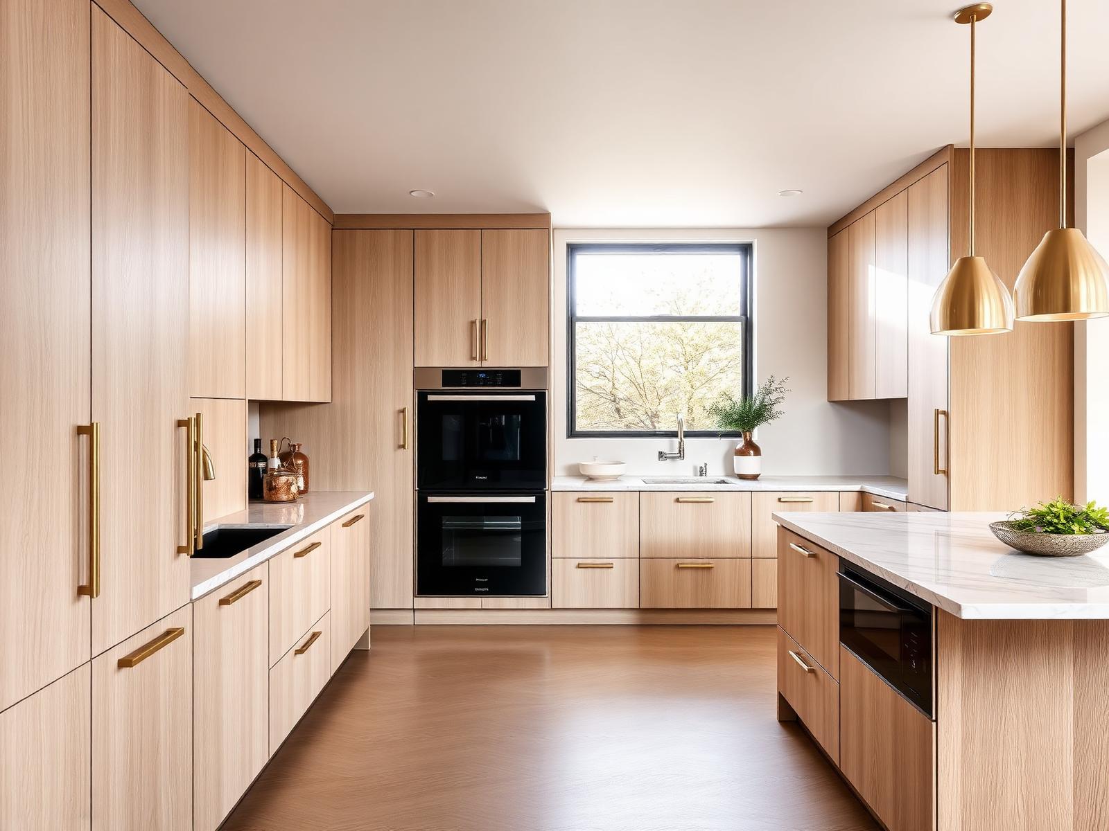 Custom white oak kitchen with brushed brass hardware
