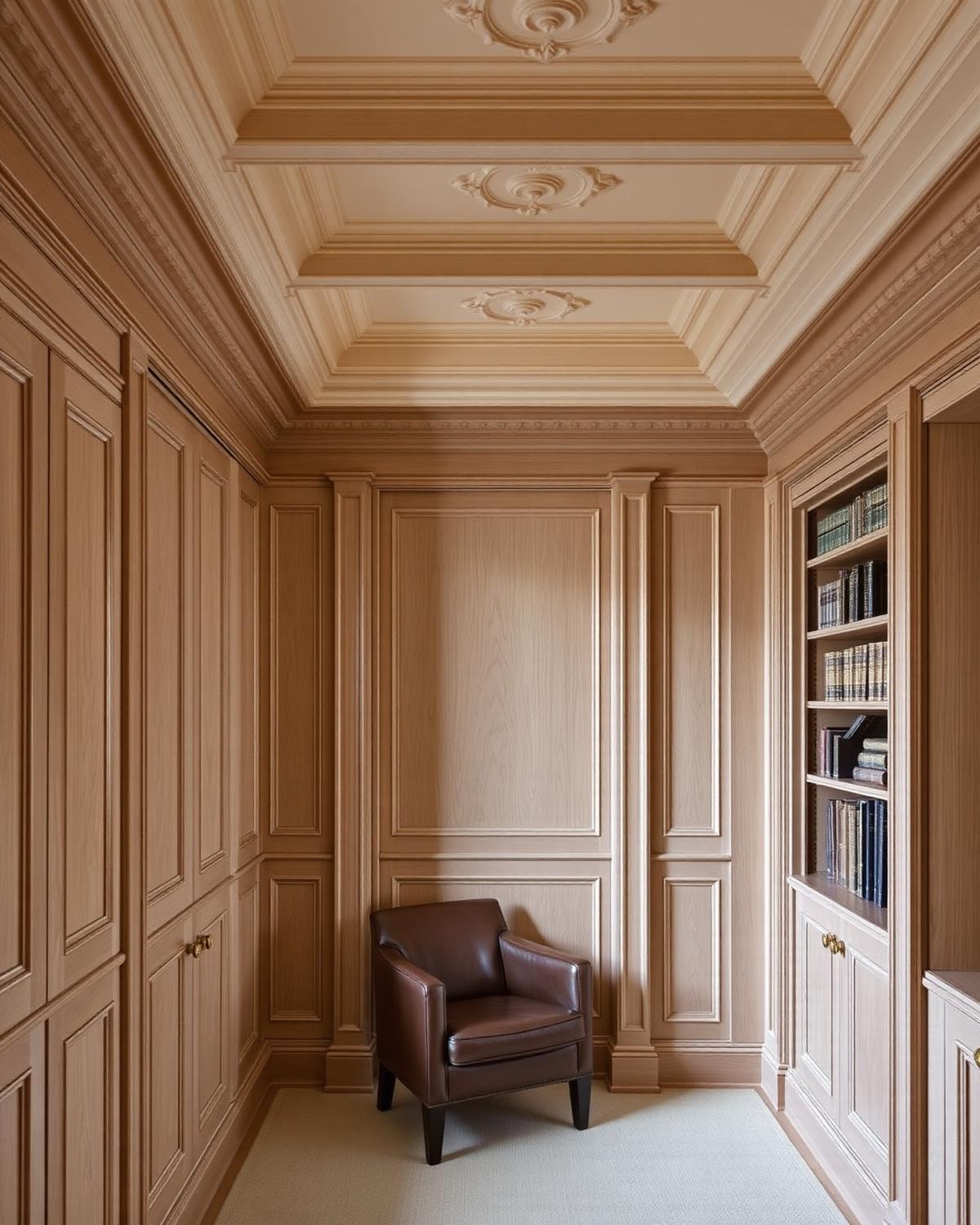 Custom paneled library with coffered ceiling